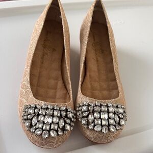 Joan Boyce Beige Flats with Crystal Embellishments
